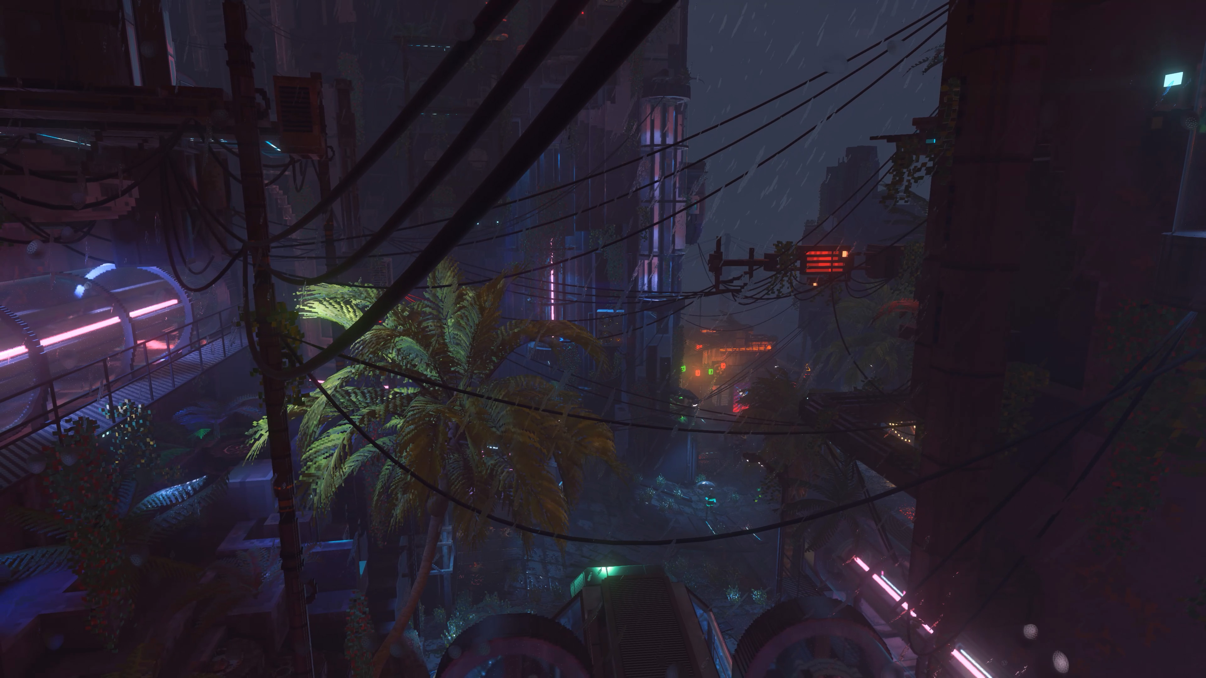 Vue plongeante sur un quartier de Nivalis Nights, passerelles et palmiers sous la pluie. Capture promotionnelle officielle, sans interface.
