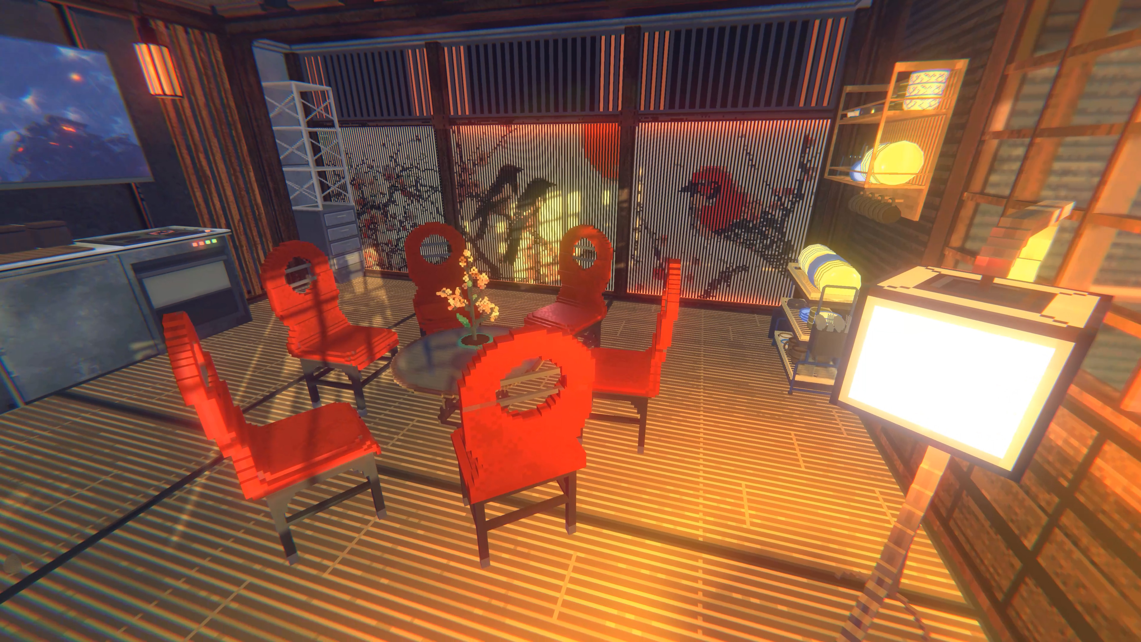 Intérieur aménagé avec chaises rouges, table et cuisine dans Nivalis Nights. Capture promotionnelle officielle, sans interface.