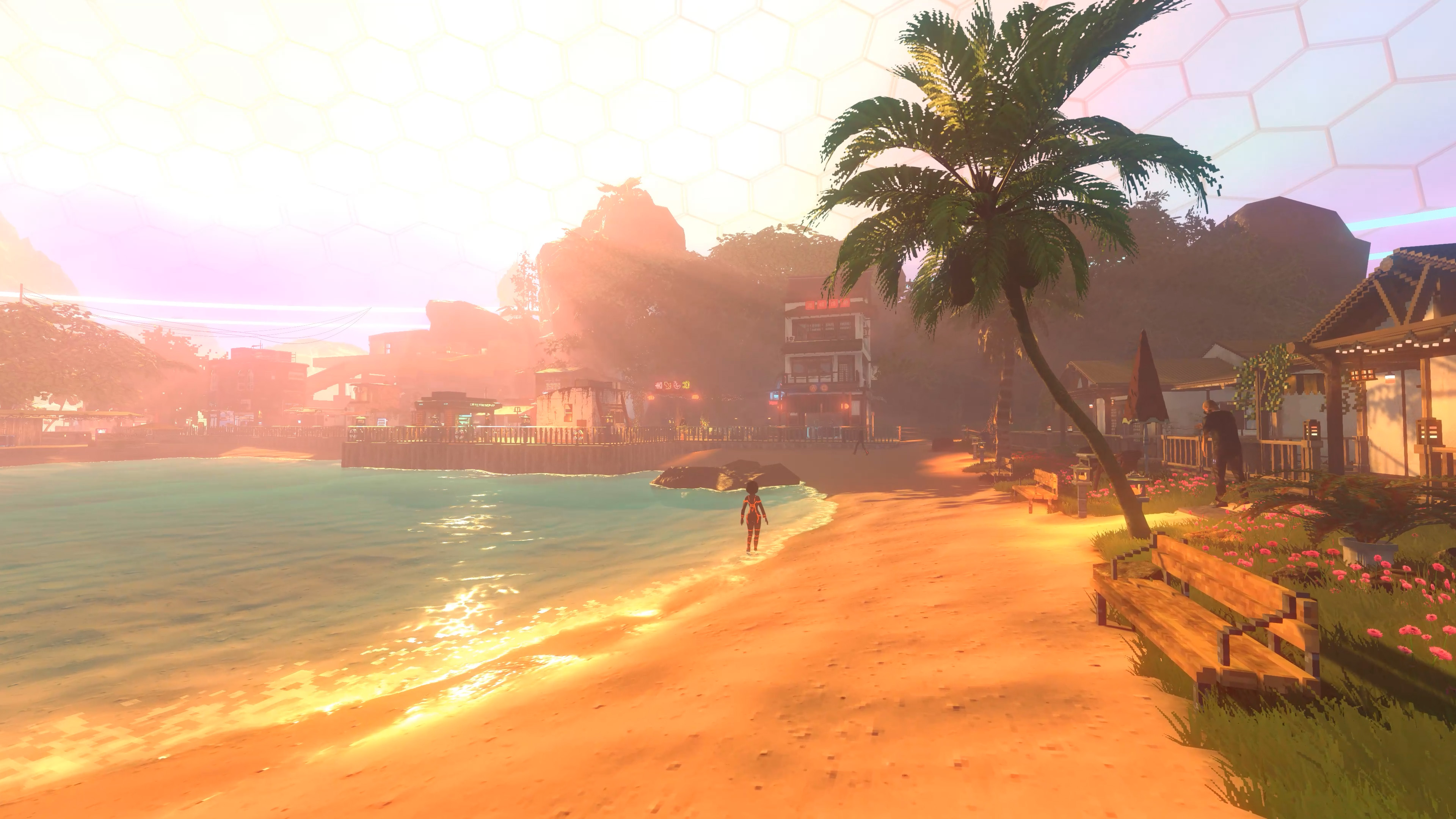 Plage bordée de palmiers et bâtiments sous un dôme dans Nivalis Nights. Capture promotionnelle officielle, sans interface.