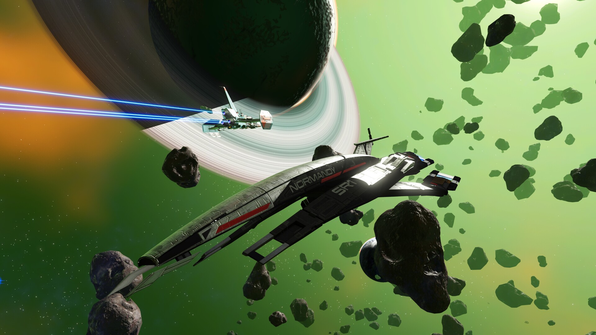 Un vaisseau survole des astéroïdes près d’une planète à anneaux.