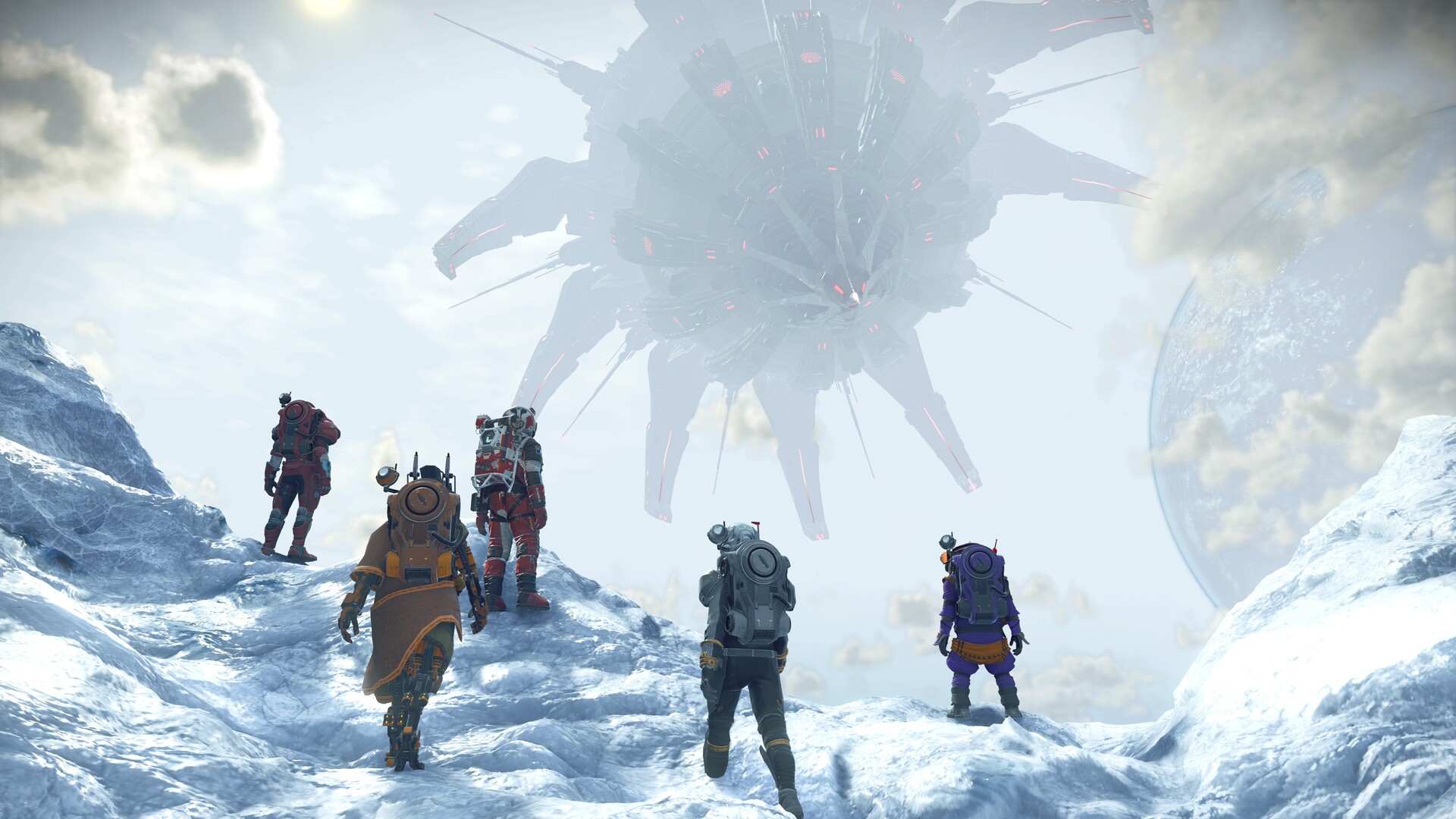 Groupe d’explorateurs dans un paysage enneigé — No Man’s Sky, visuel officiel
