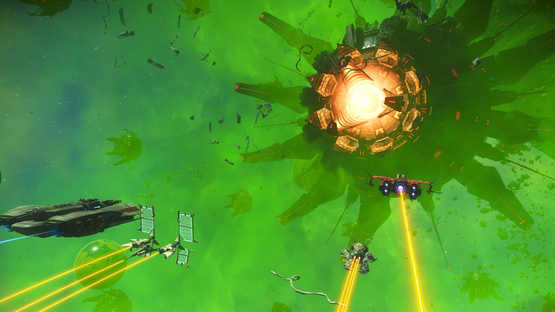 Affrontement spatial dans une lumière verte — No Man’s Sky, visuel officiel