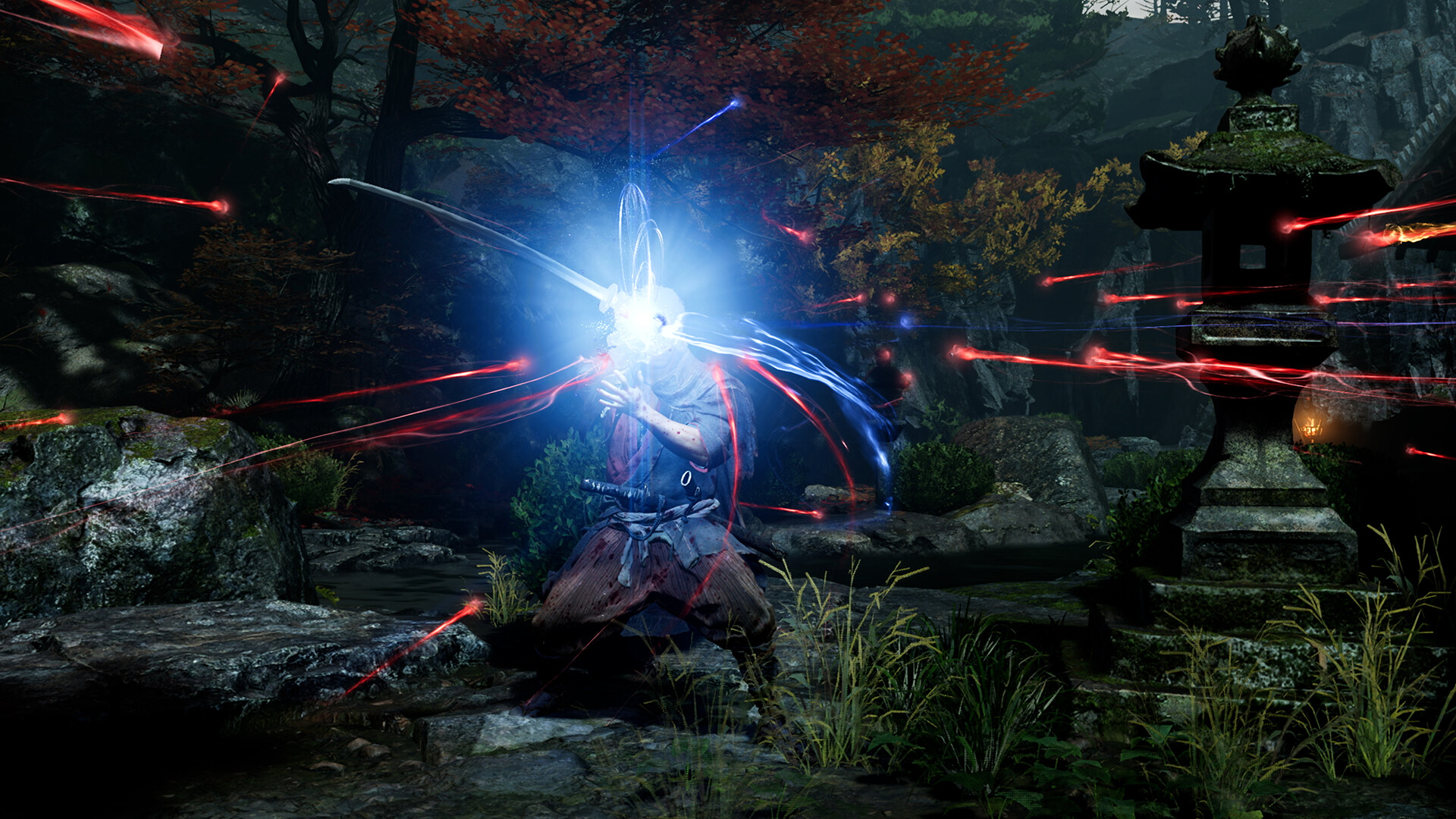 Un combattant déclenche une attaque bleue lumineuse.