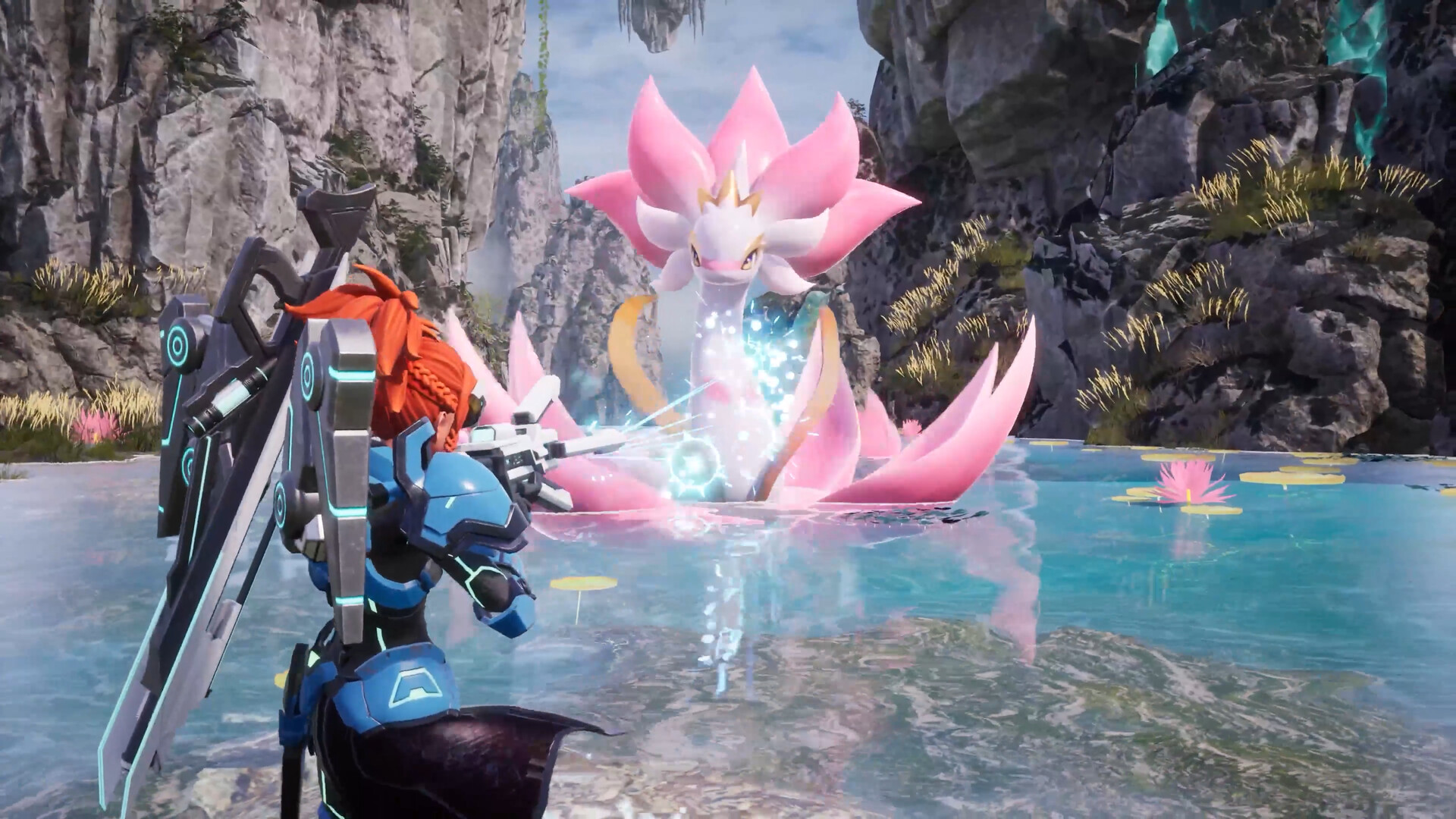 Un personnage approche une créature rose au bord de l’eau.
