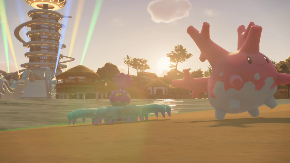 Un Pokémon corallien se trouve près de bâtiments au coucher du soleil.