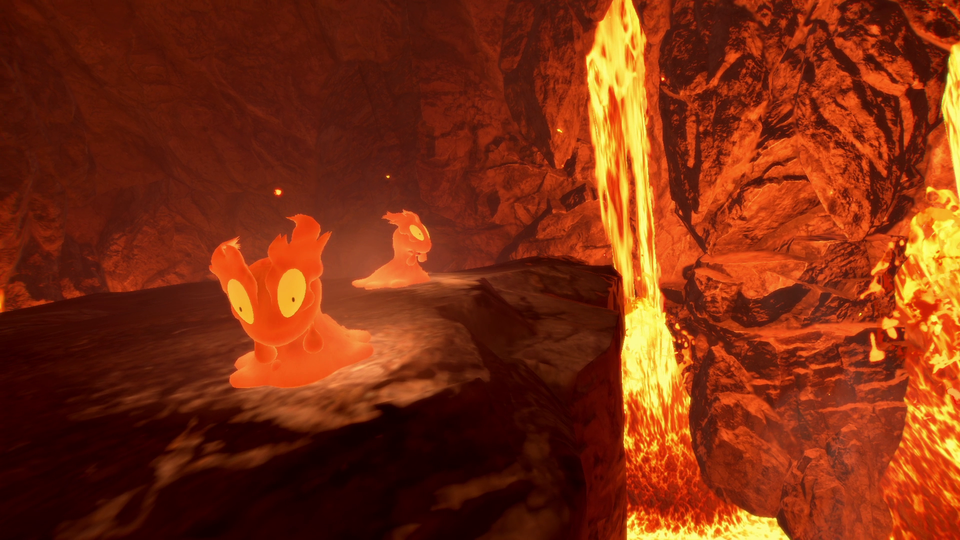 Des Pokémon de feu se tiennent dans une caverne de lave.