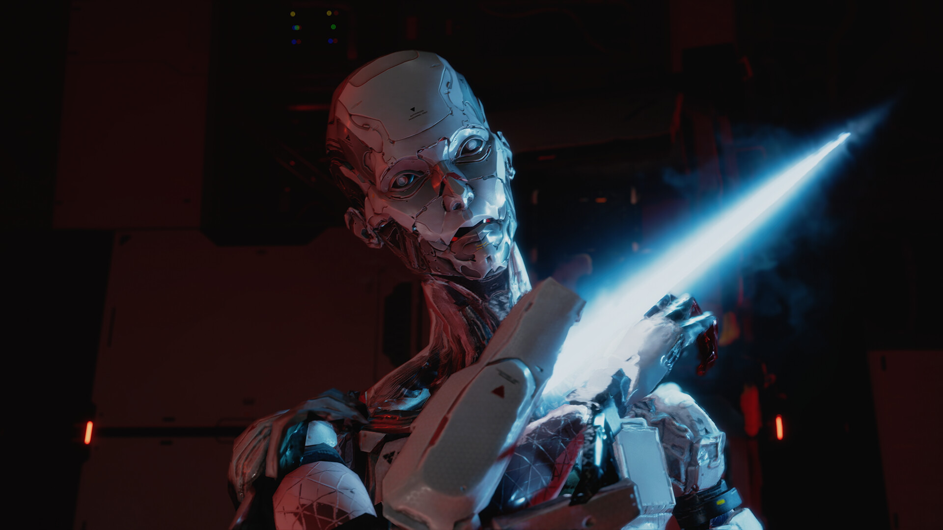 Un robot brandit une lame lumineuse.