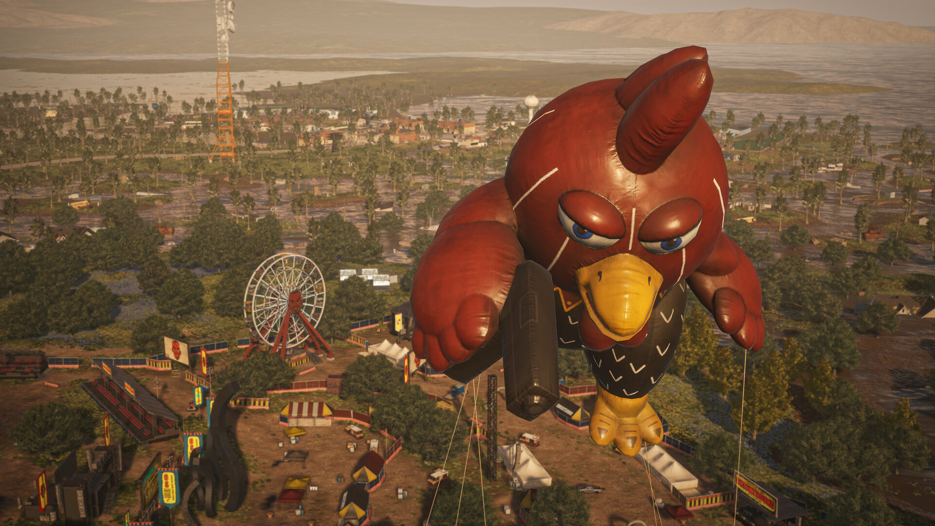 Un personnage descend au-dessus d’une ville avec un équipement en forme de poulet.