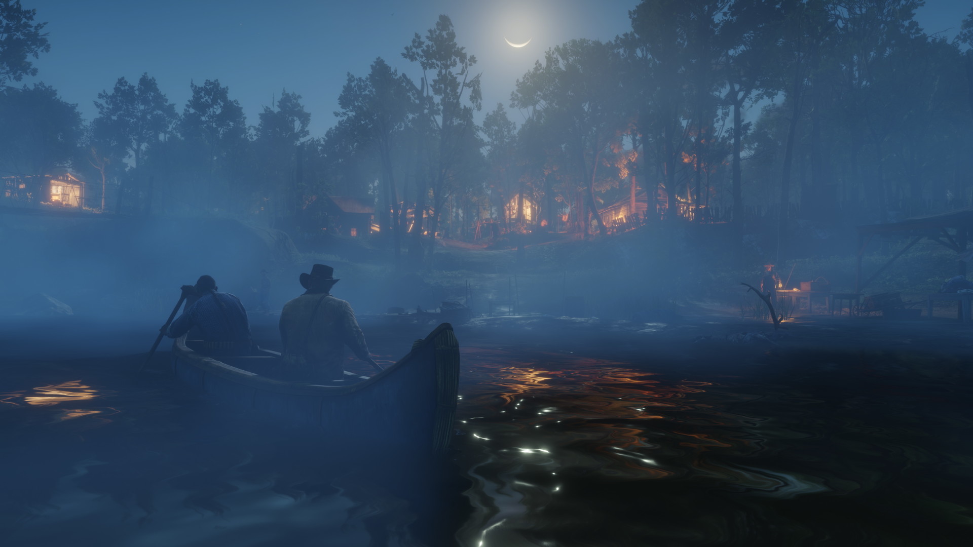 Une barque traverse un marais brumeux à la tombée de la nuit.
