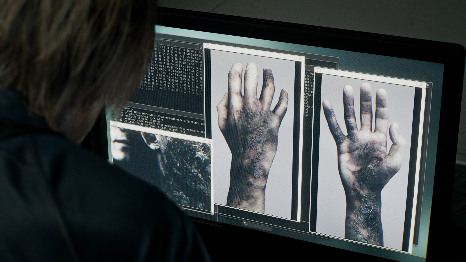 Examen de documents sur un écran — Resident Evil Requiem, visuel officiel