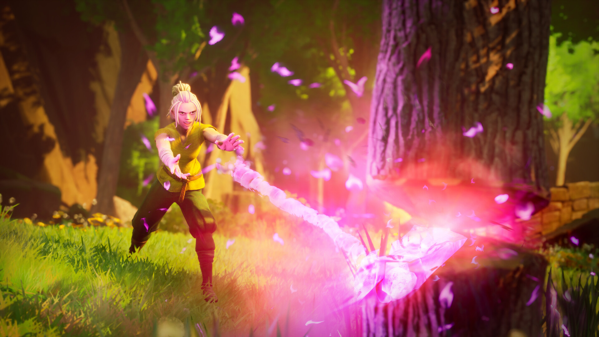 Un personnage lance une attaque magique rose dans une forêt.