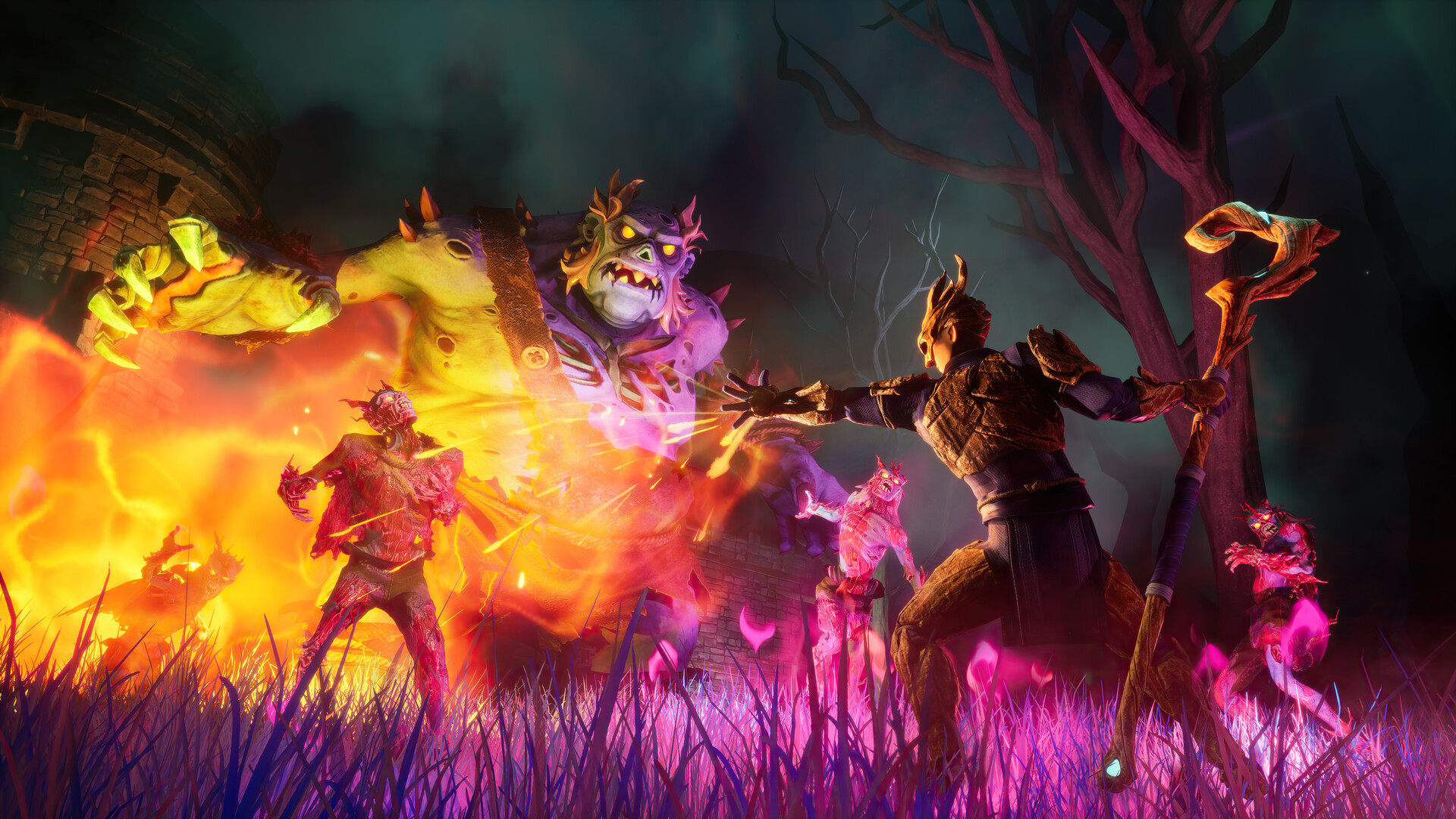 Des personnages échangent des attaques de feu et de magie.