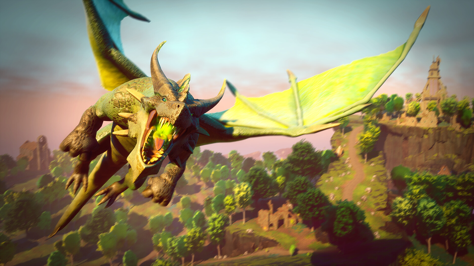 Un dragon aux ailes vertes survole un paysage.