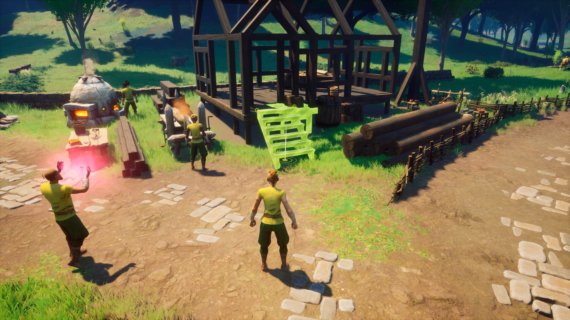 Un personnage se tient près d’une construction et d’un atelier.