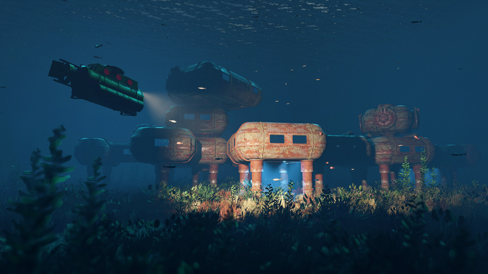 Un véhicule sous-marin approche une installation immergée.