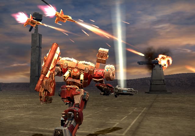 Un Armored Core rouge tire sur une cible aérienne.