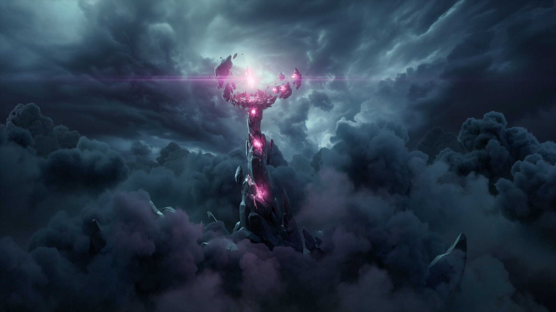 Une tour lumineuse émerge de nuages sombres.