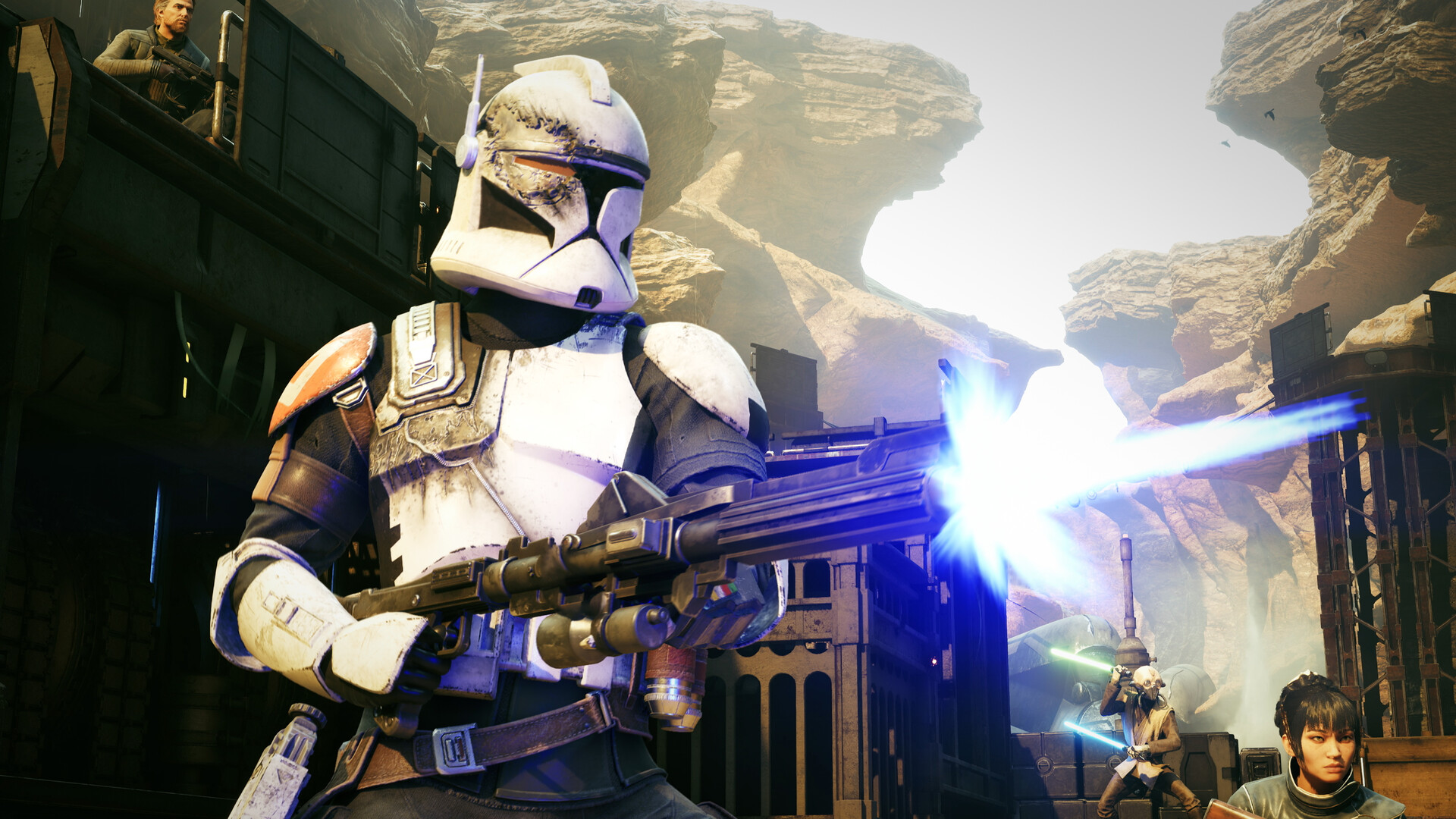 Un soldat en armure blanche tire avec son arme.