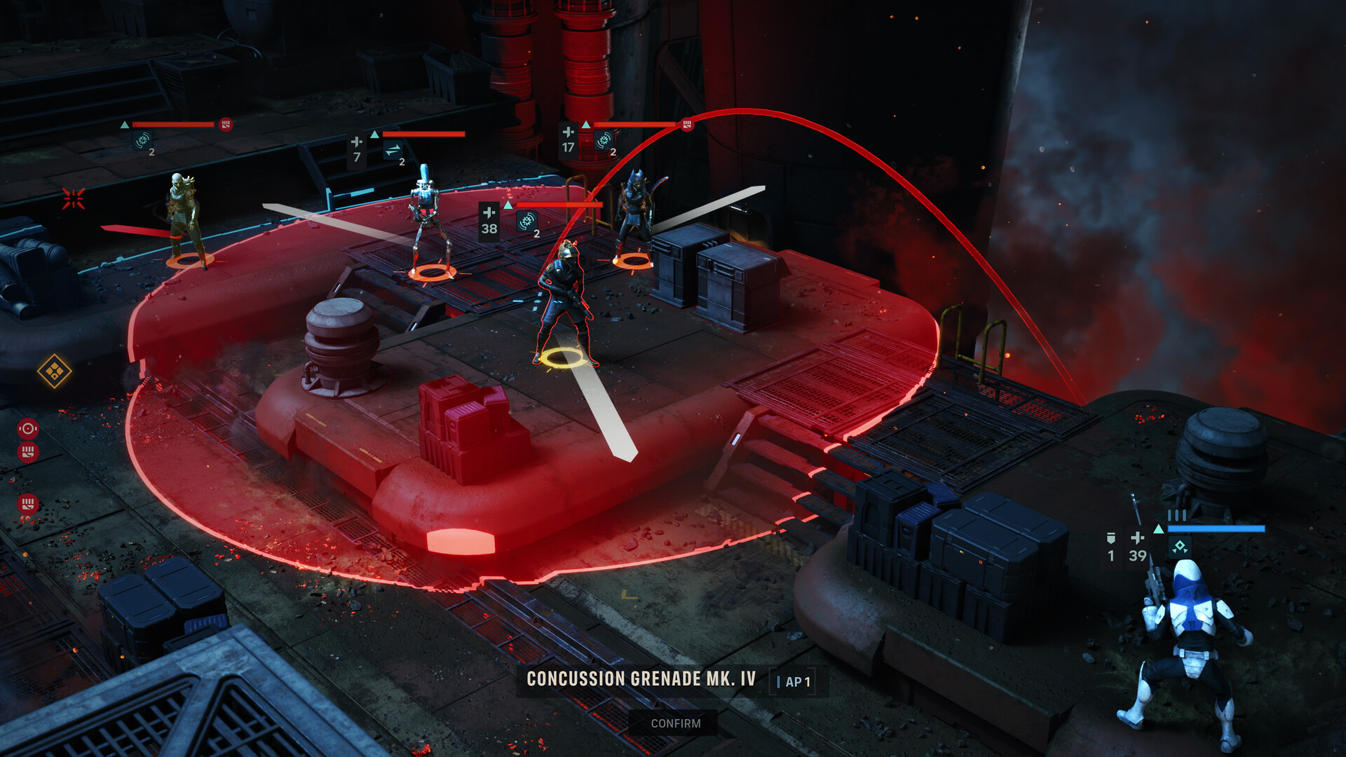 L’interface indique une trajectoire de lancer dans une zone de combat.