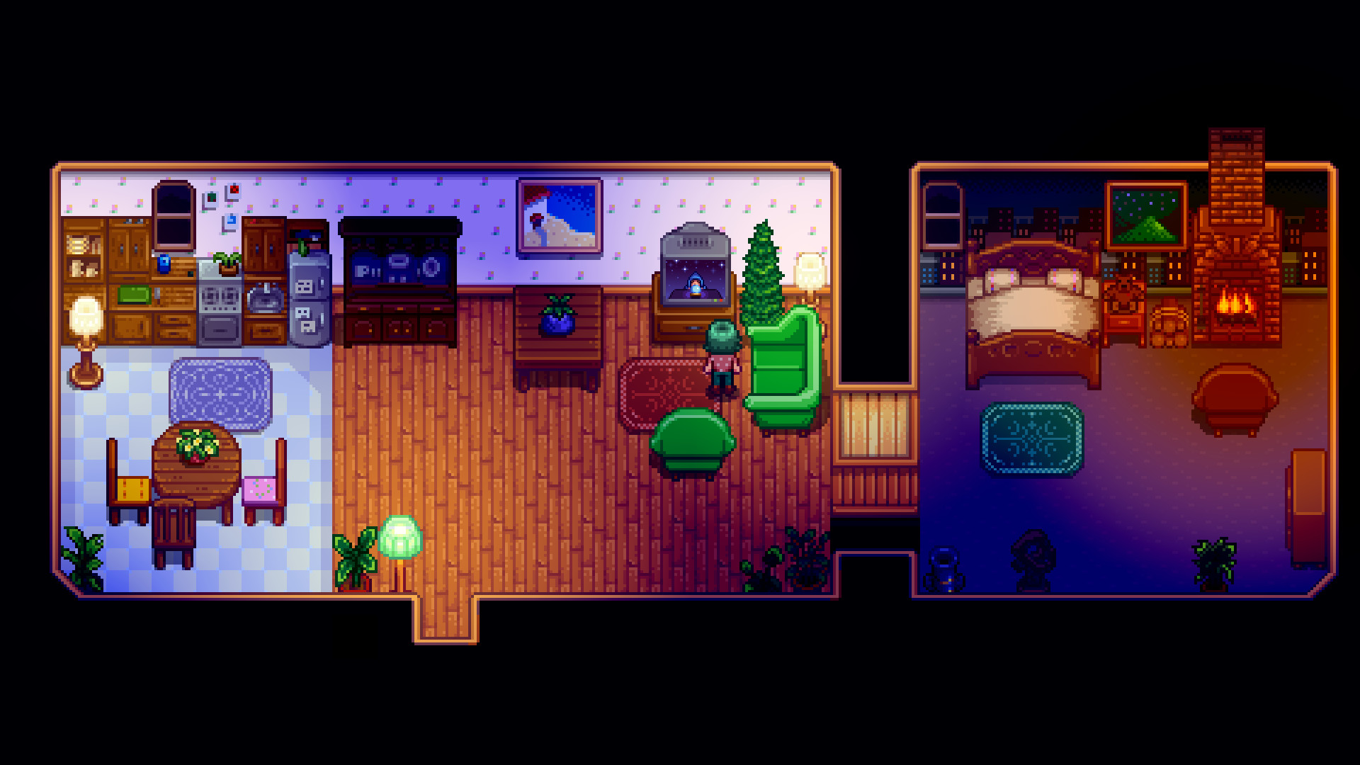 L’intérieur d’une maison comprend une cuisine et une chambre.