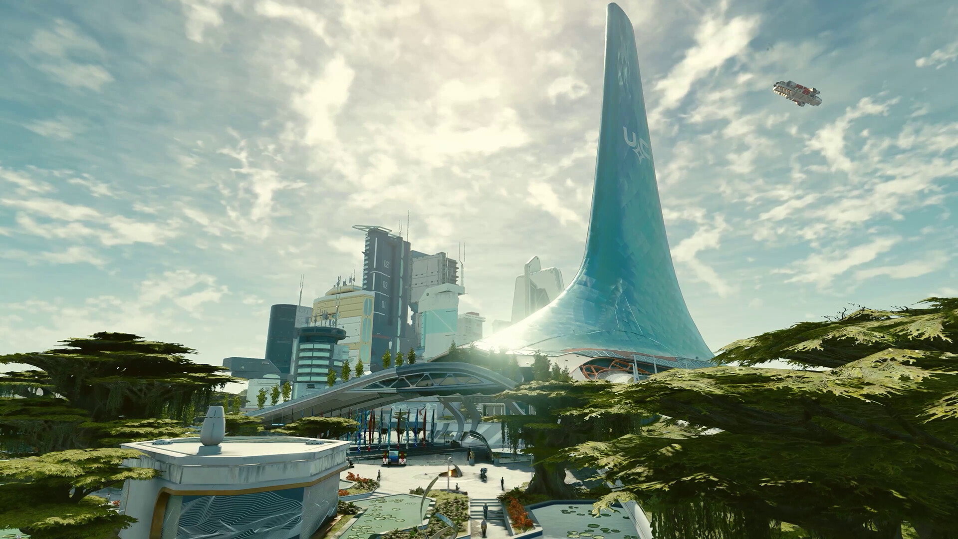 Une haute tour blanche domine une ville futuriste.