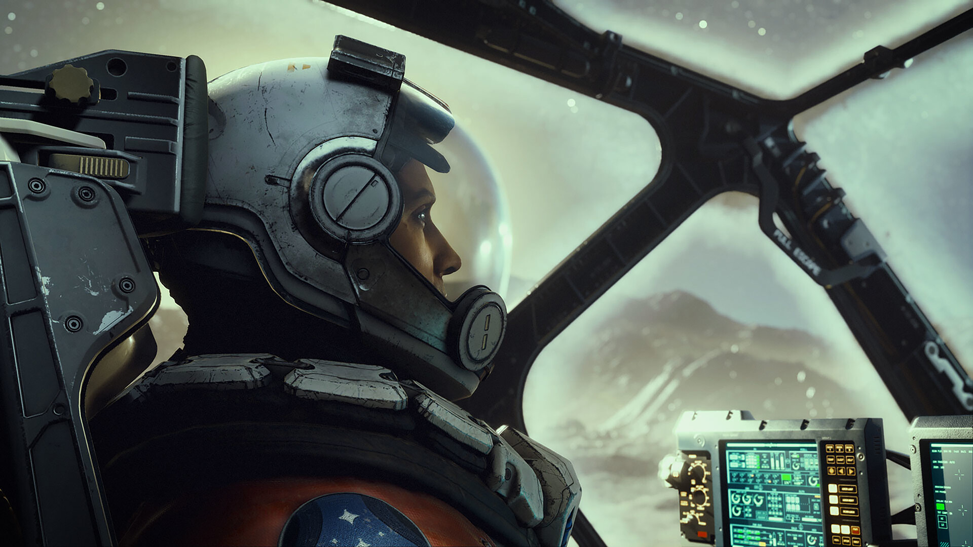 Un pilote en combinaison à l’intérieur du cockpit d’un vaisseau.
