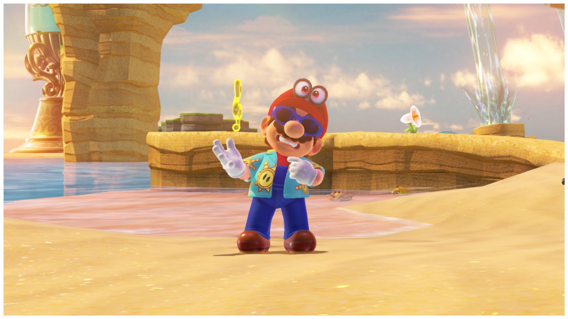 Mario porte des lunettes et une tenue de vacances sur une plage.