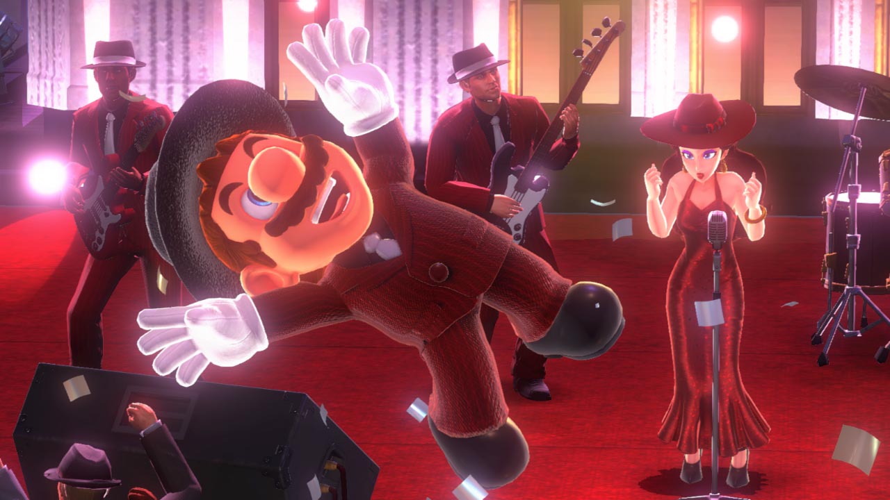 Mario danse dans un intérieur éclairé de lumières roses.