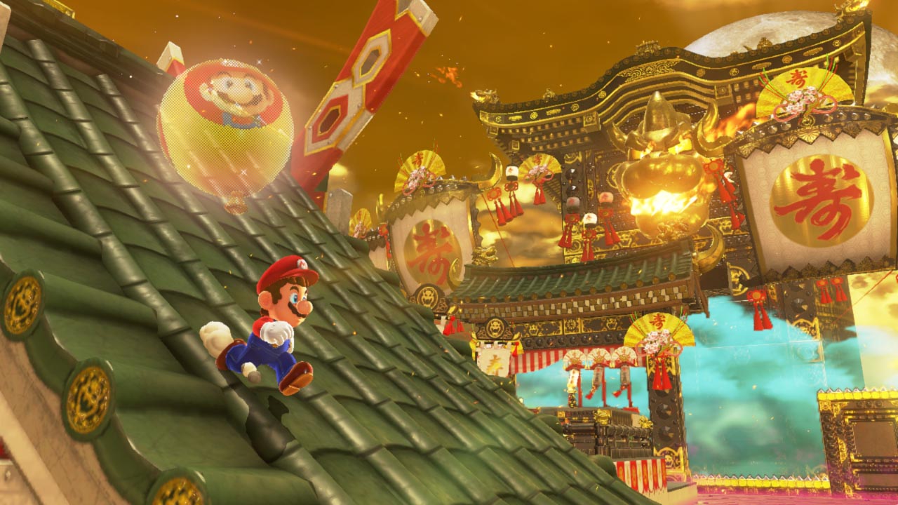 Mario traverse un décor urbain aux enseignes lumineuses.