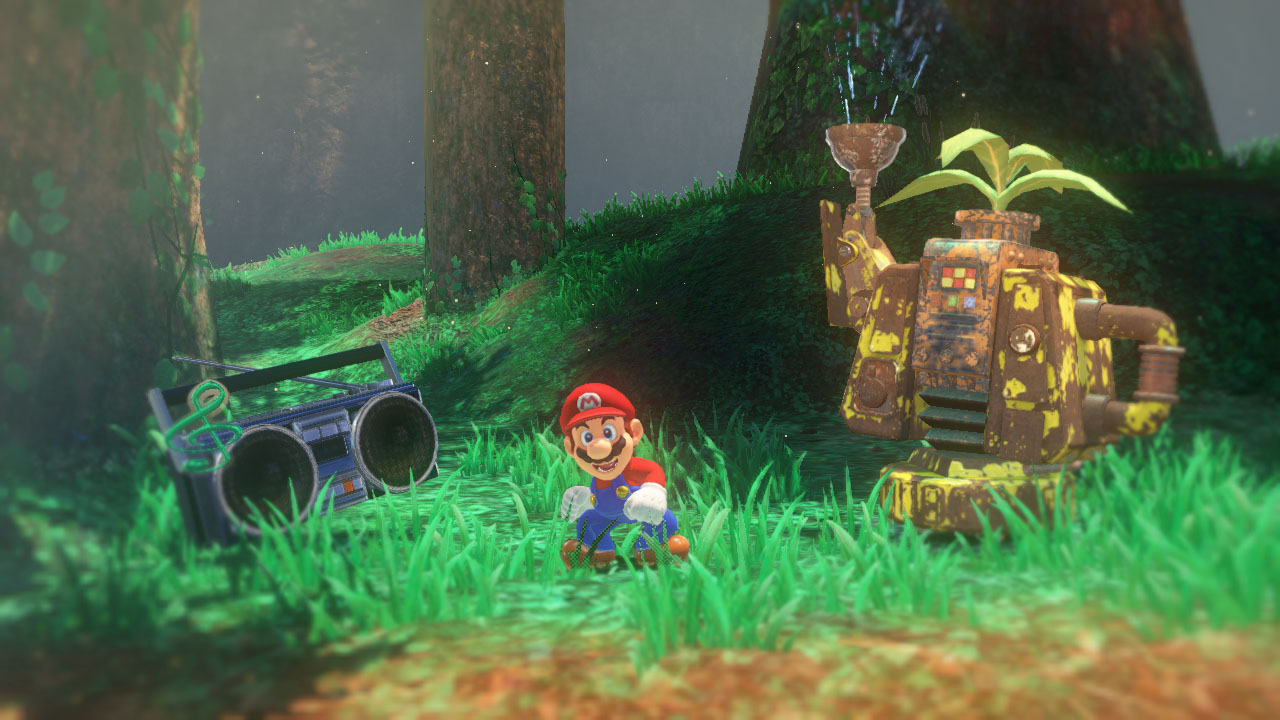 Mario porte une tenue d’explorateur dans une forêt.