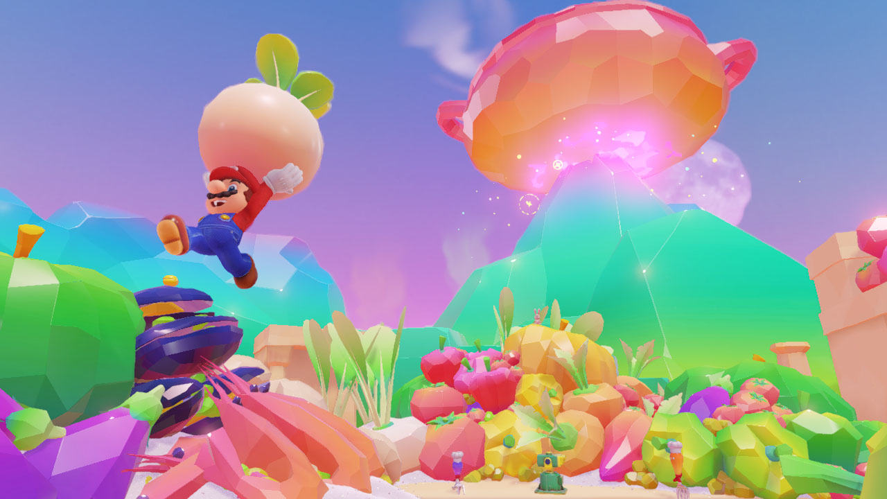 Mario saute au-dessus d’un paysage de nourriture multicolore.