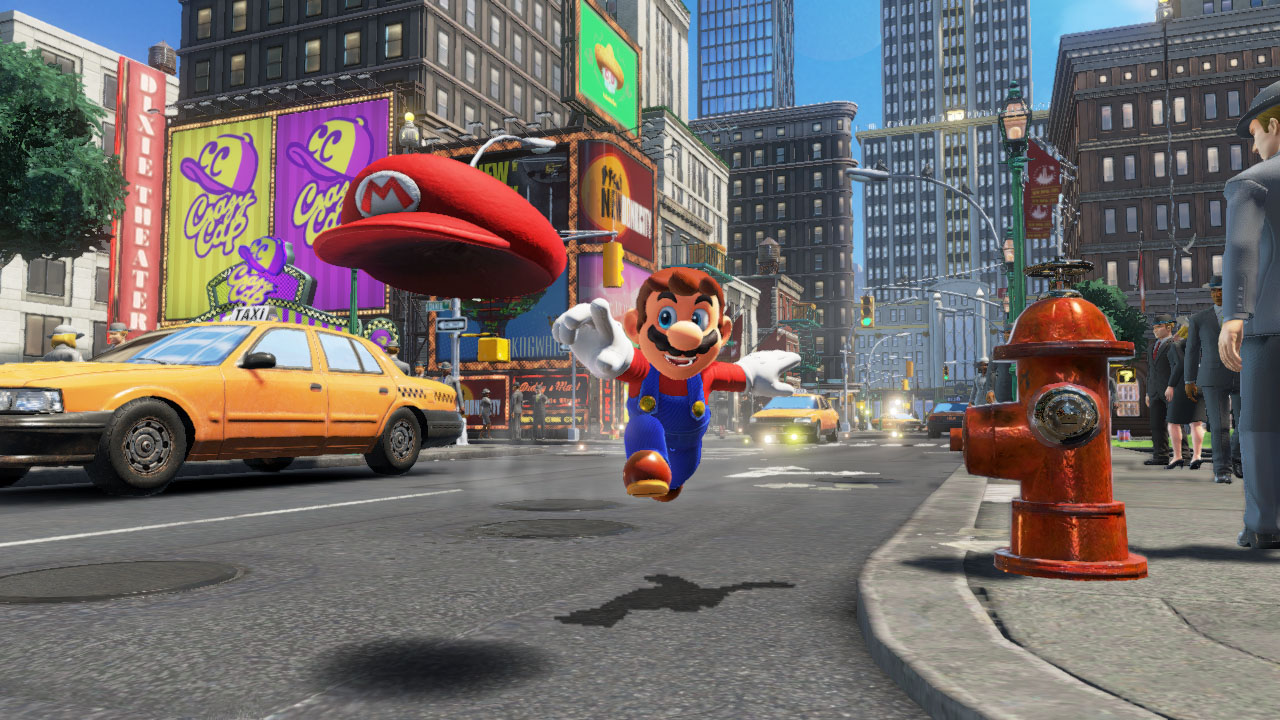 Mario court dans une rue de New Donk City entre les taxis.