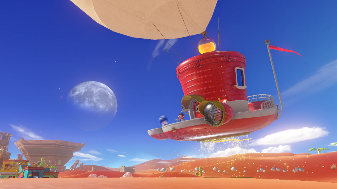 Le vaisseau Odyssey survole un désert sous la lune.