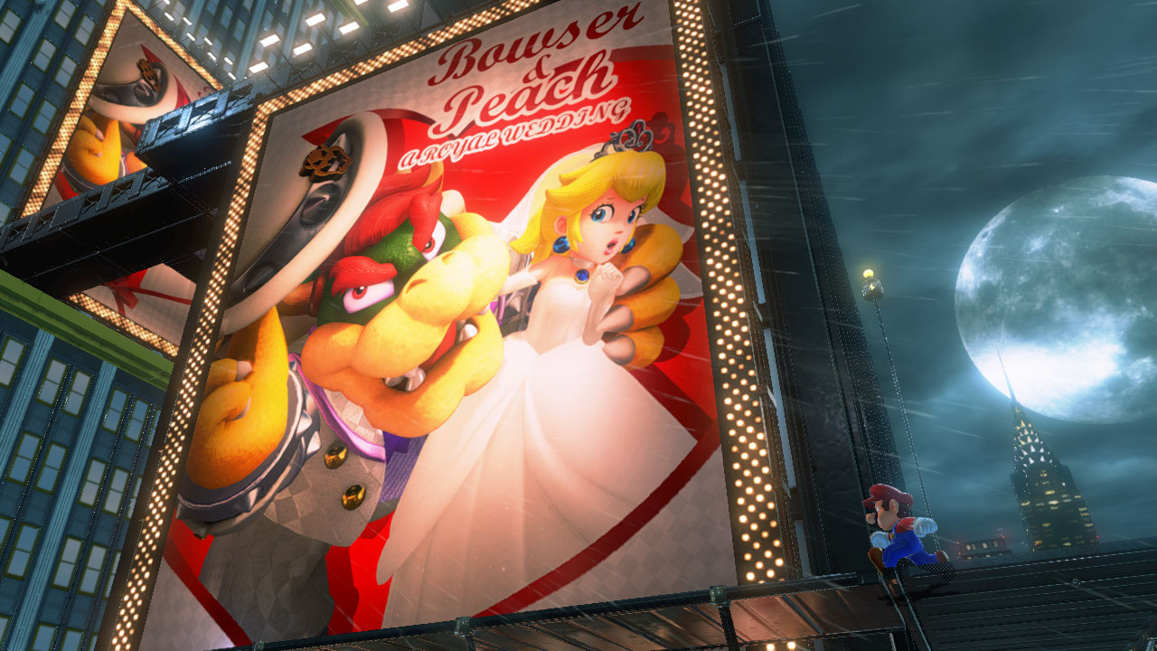 Une affiche de mariage de Bowser et Peach sur une façade de New Donk City.