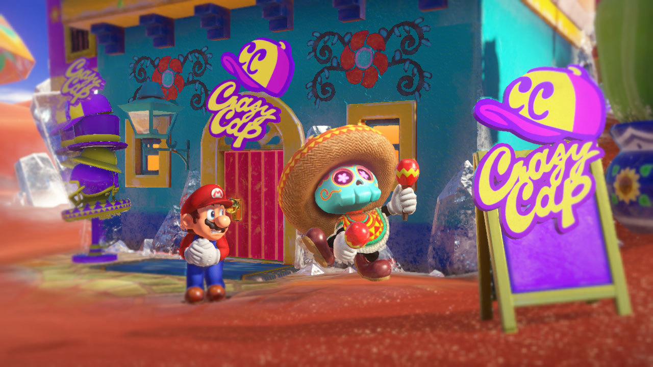Mario devant la boutique Crazy Cap dans le pays des Sables.