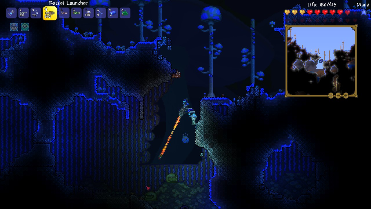Un aventurier descend dans une caverne bleutée.
