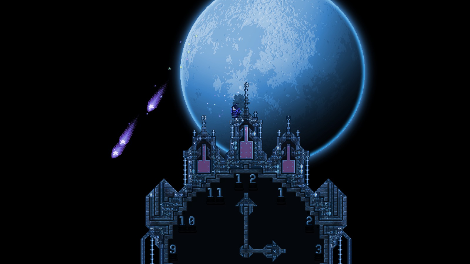 Une construction de pierre se détache devant une grande lune.