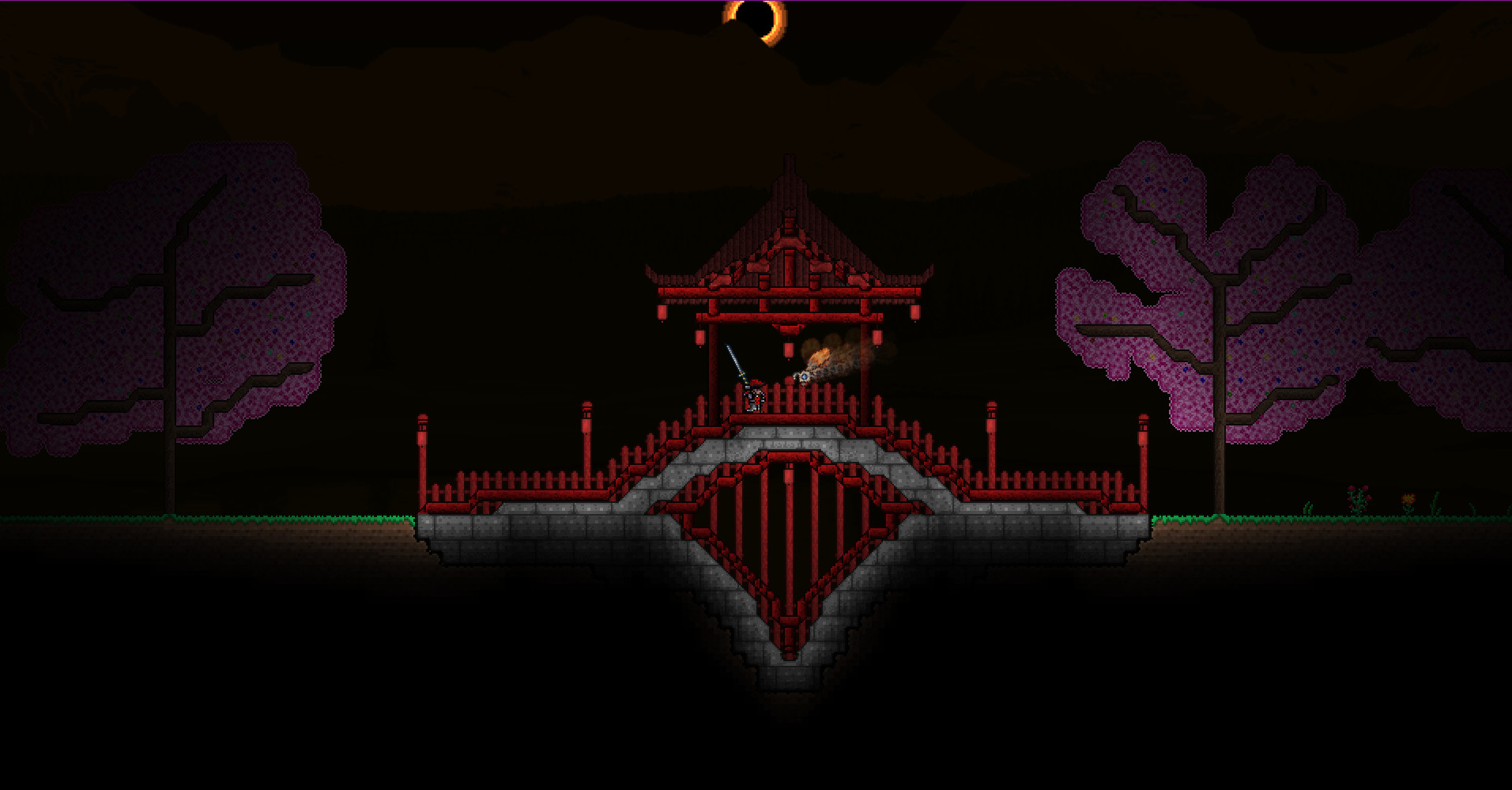 Passerelle éclairée dans un biome sombre — Terraria, visuel officiel