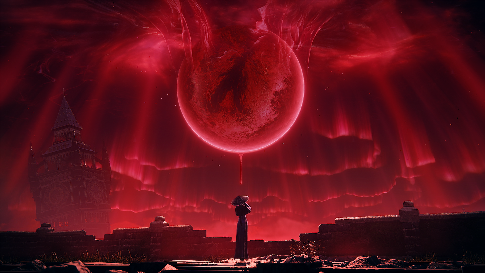 Une silhouette observe un astre rouge au-dessus de ruines.