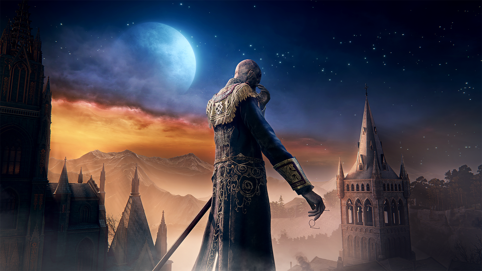 Une figure observe les toits d’une ville sous la lune.