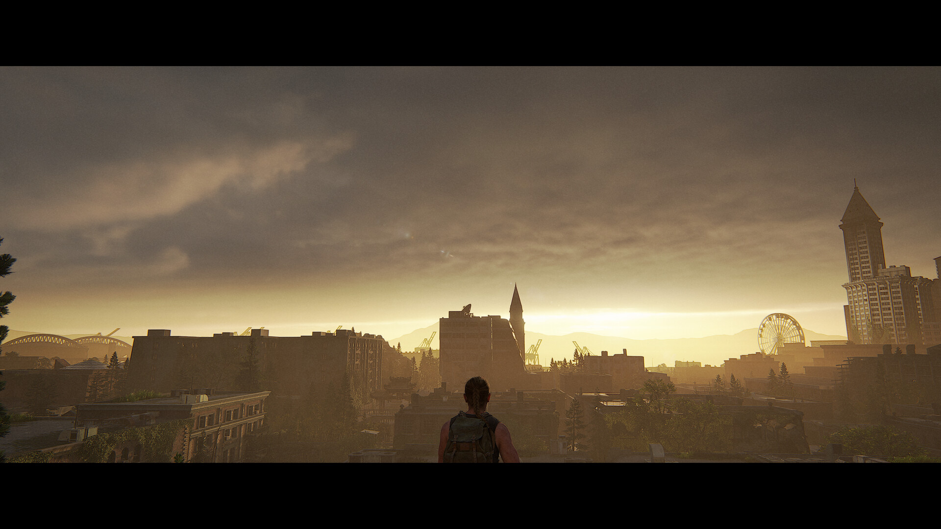Ellie observe une ville au coucher du soleil.