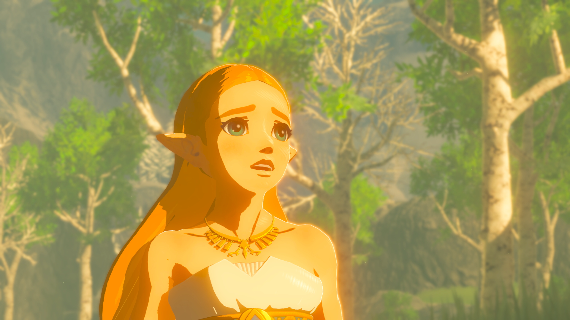 Zelda se tient dans une forêt lumineuse.