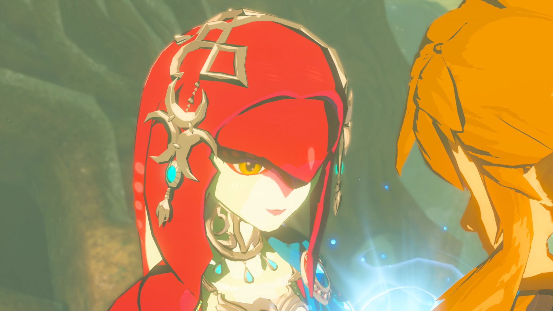 Une Zora aux couleurs rouges se tient près de Link.