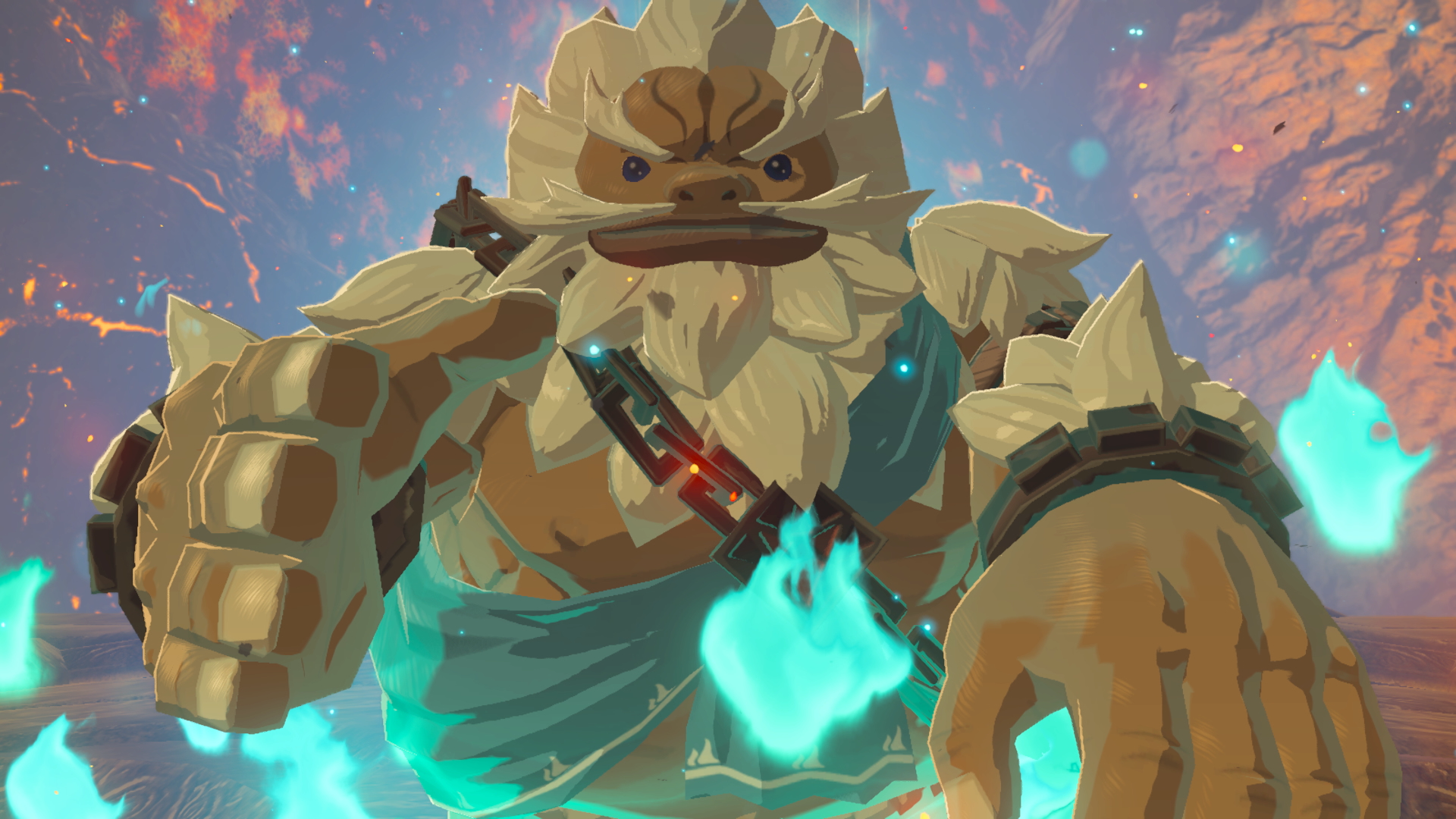 Un Goron lève le poing devant des flammes bleues.
