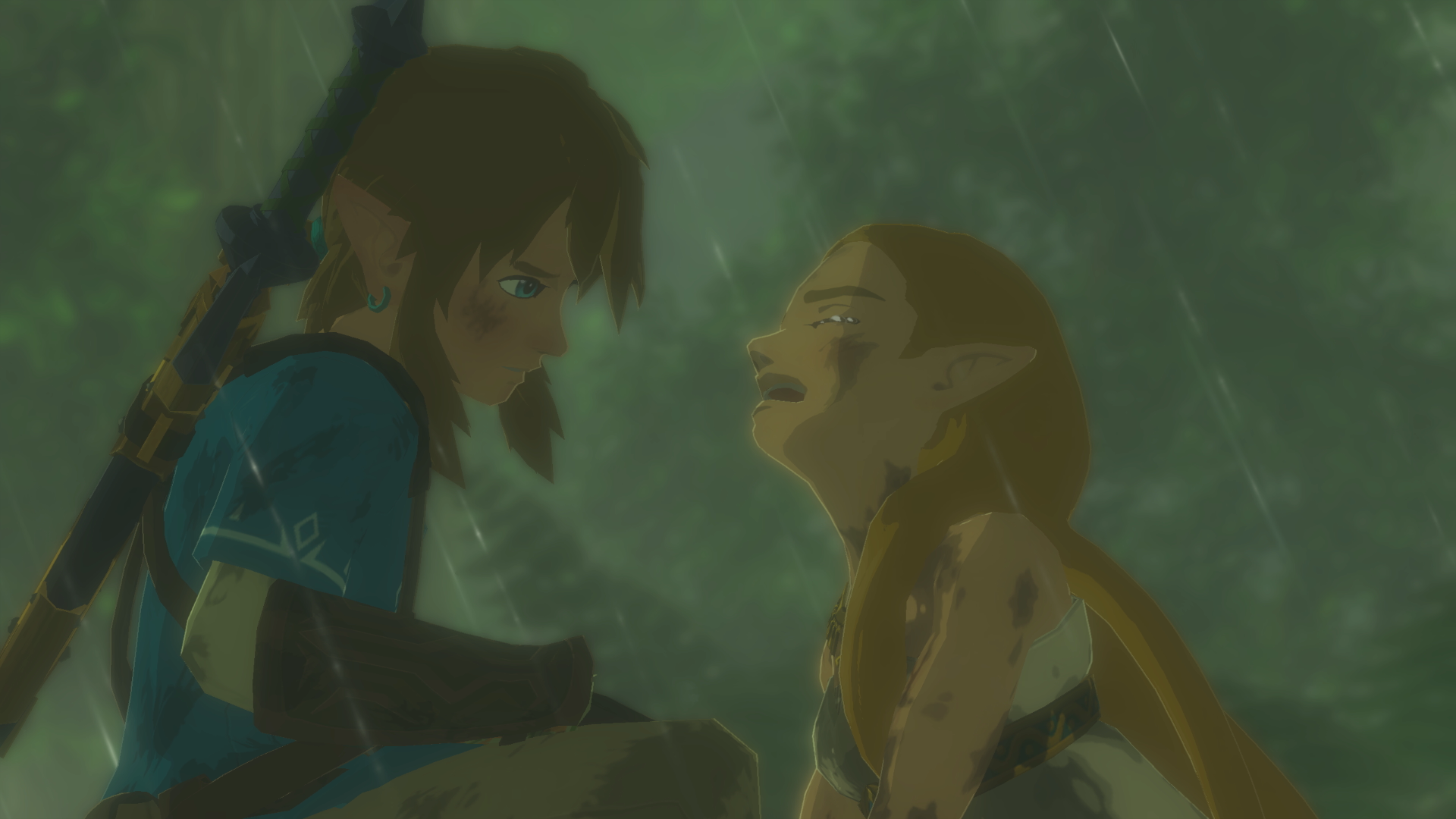 Link soutient Zelda dans un intérieur sombre.