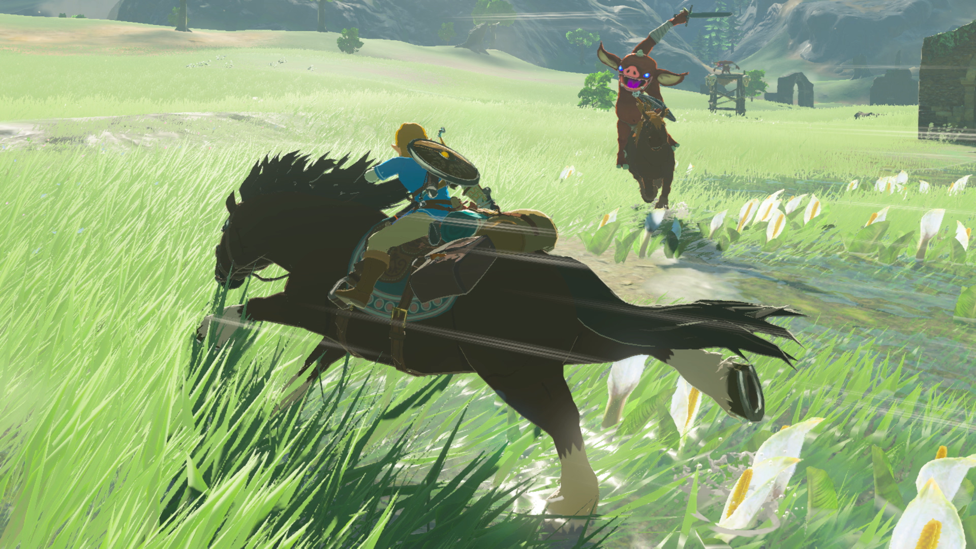 Link galope dans une prairie en dépassant un ennemi.