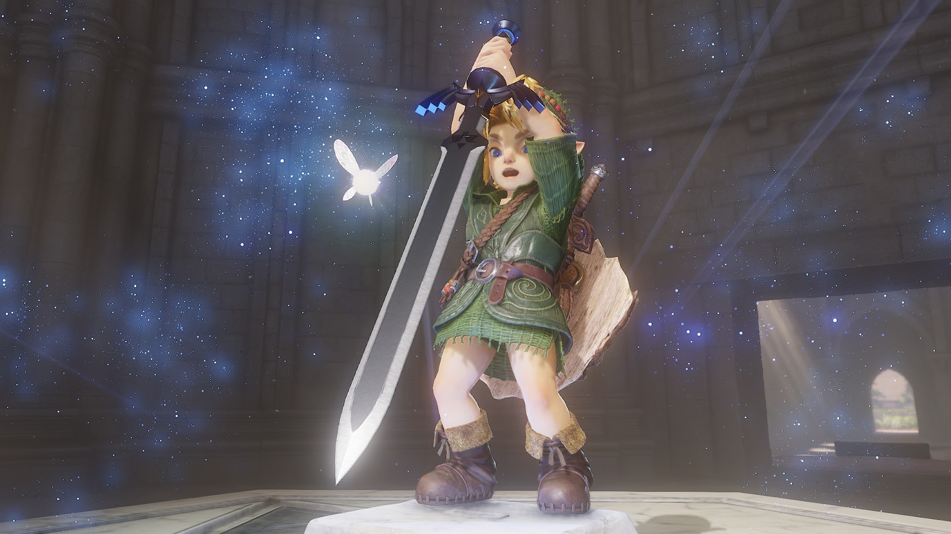 Link lève une épée au-dessus de sa tête.