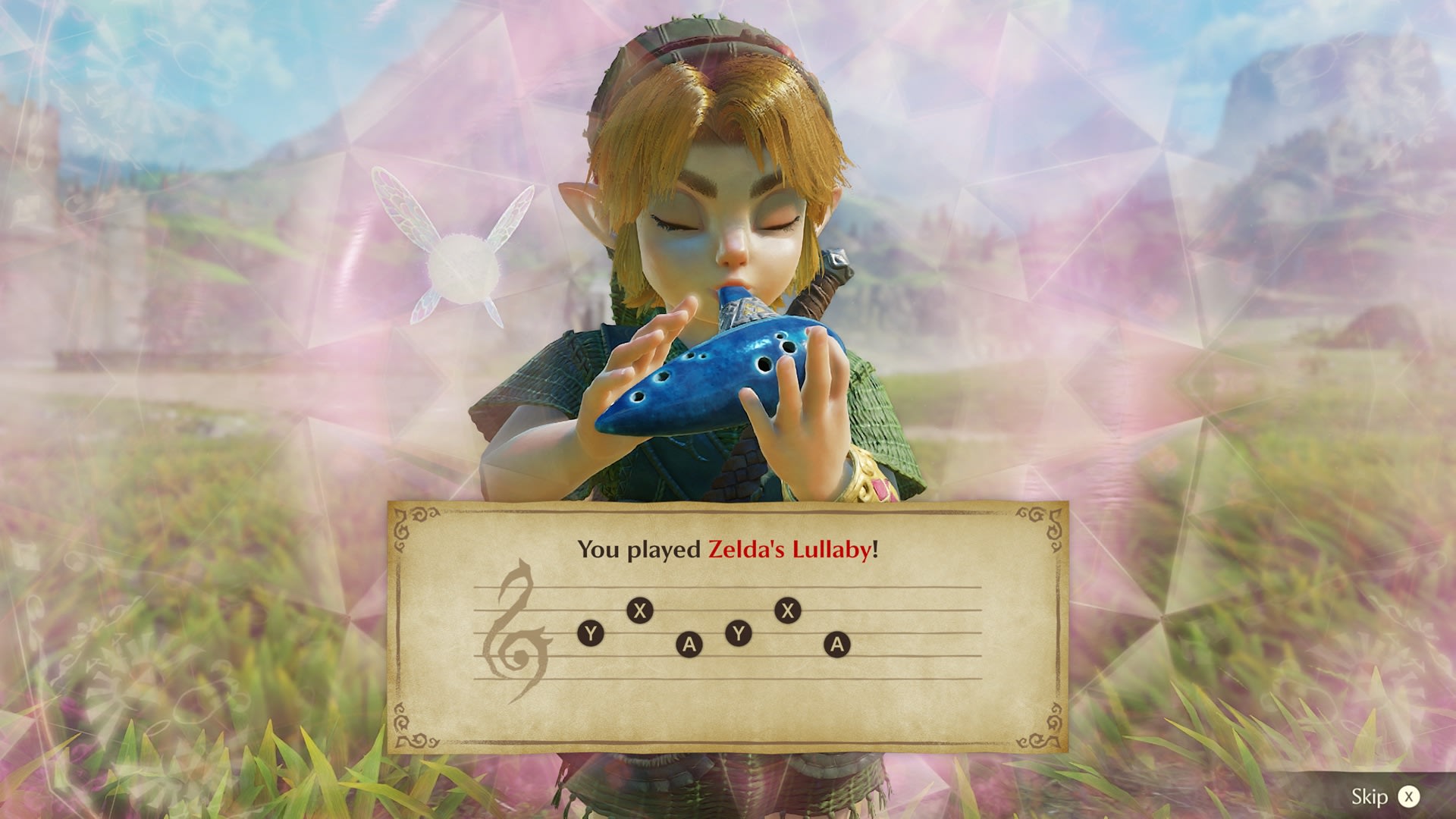 Link joue de l’ocarina, avec une indication de mélodie à l’écran.