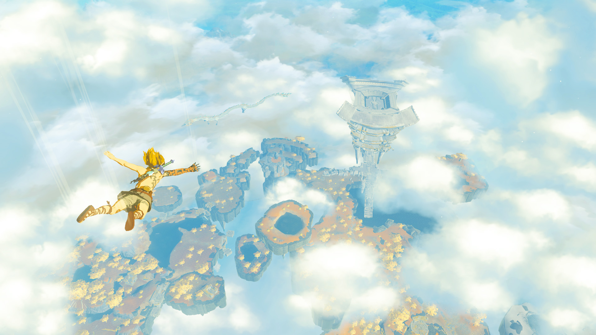 Link tombe dans le ciel, au-dessus d’îles entourées de nuages.