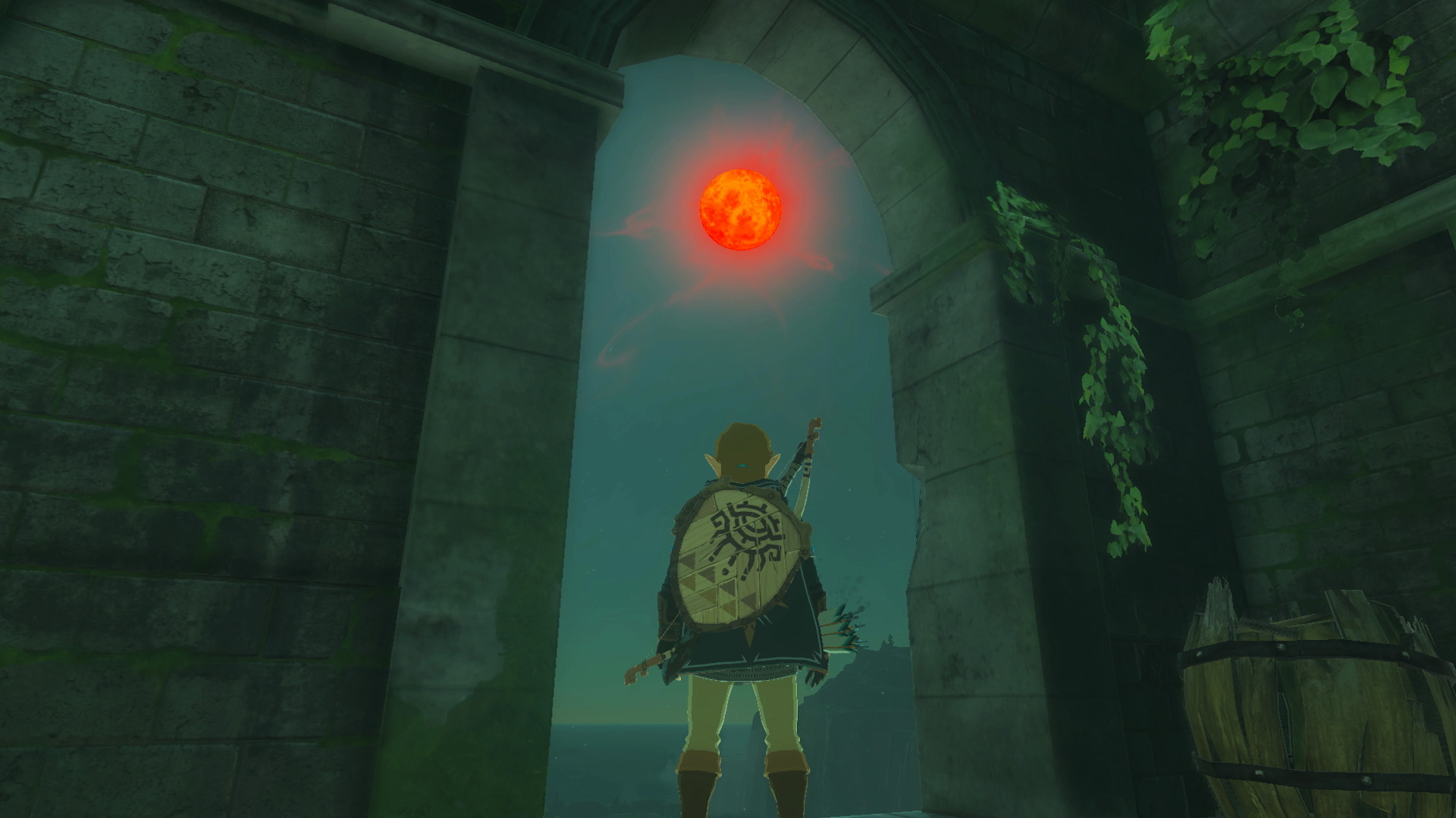 Link fait face à une ouverture lumineuse dans une ruine.